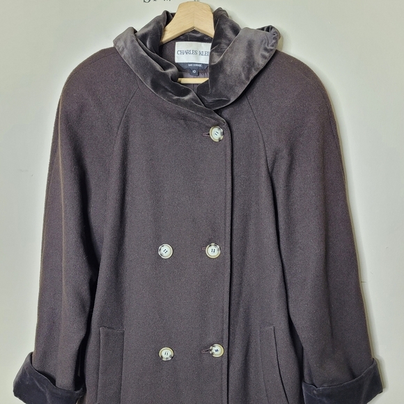 Vintage Charles Klein Wool Coat Women’s 10 Brown Velvet Trim Hood 90s Winter - Picture 2 of 9